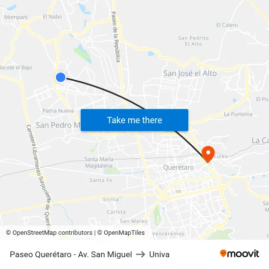 Paseo Querétaro - Av. San Miguel to Univa map