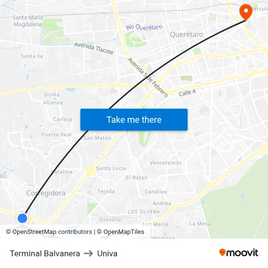 Terminal Balvanera to Univa map