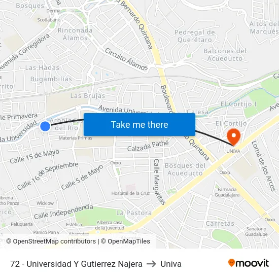 72 - Universidad Y Gutierrez Najera to Univa map
