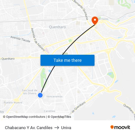 Chabacano Y Av. Candiles to Univa map