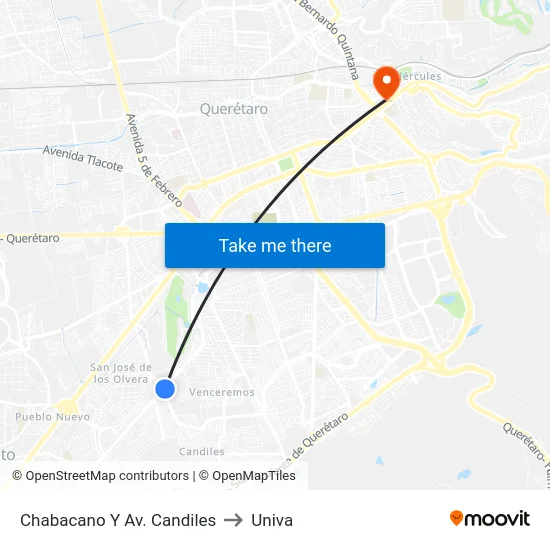 Chabacano Y Av. Candiles to Univa map