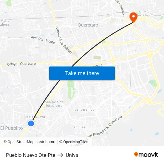 Pueblo Nuevo Ote-Pte to Univa map