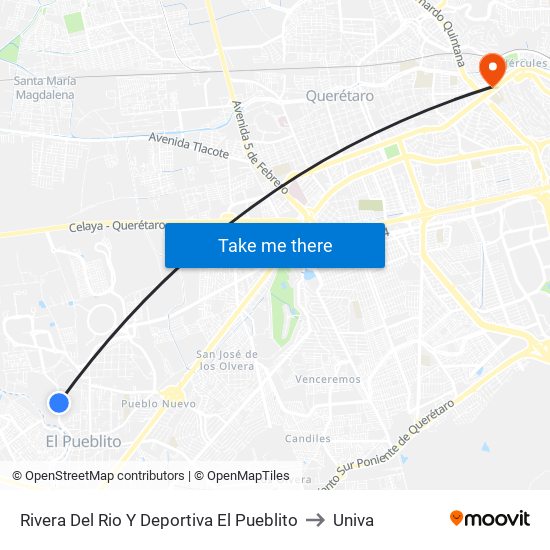 Rivera Del Rio Y Deportiva El Pueblito to Univa map
