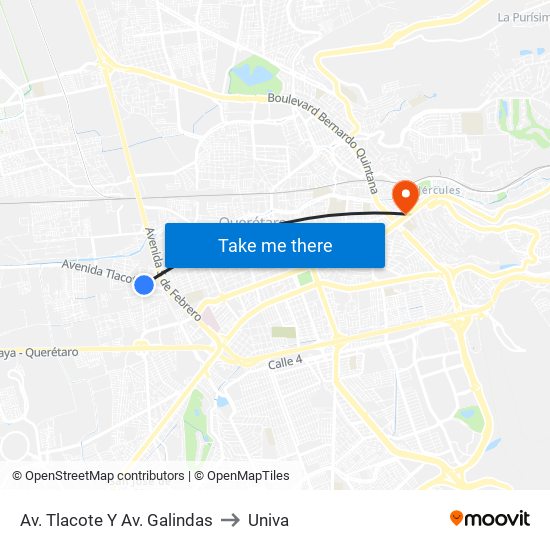 Av. Tlacote Y Av. Galindas to Univa map