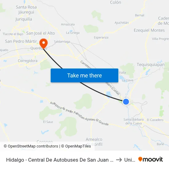 Hidalgo - Central De Autobuses De San Juan Del Río to Univa map