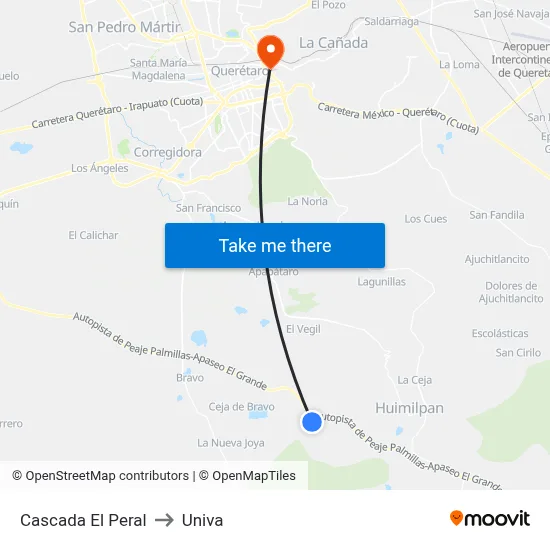 Cascada El Peral to Univa map