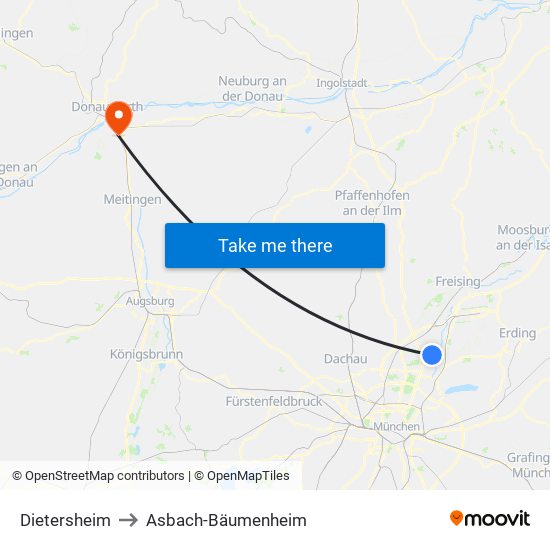 Dietersheim to Asbach-Bäumenheim map