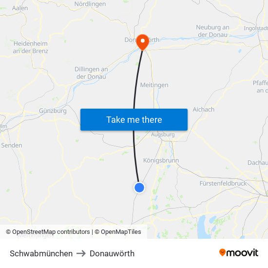 Schwabmünchen to Donauwörth map