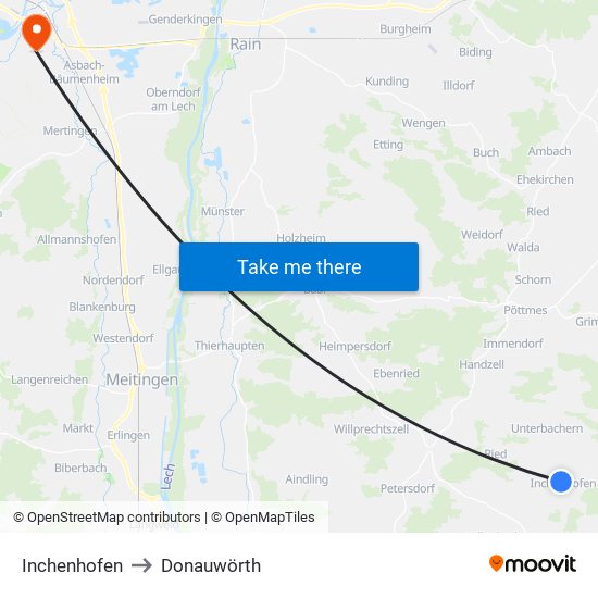 Inchenhofen to Donauwörth map