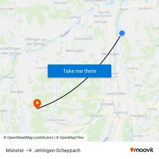 Münster to Jettingen-Scheppach map