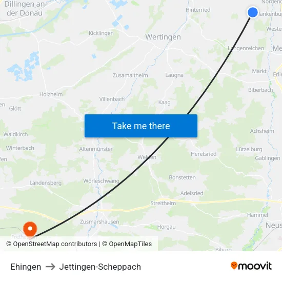 Ehingen to Jettingen-Scheppach map