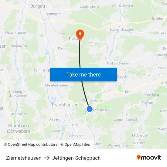 Ziemetshausen to Jettingen-Scheppach map