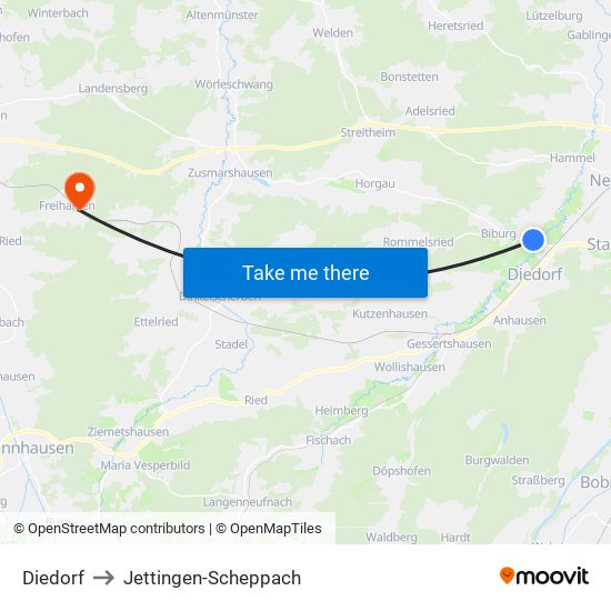 Diedorf to Jettingen-Scheppach map