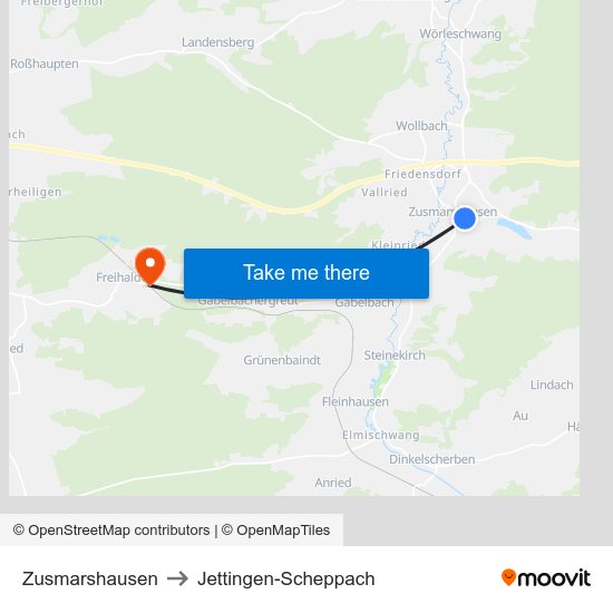 Zusmarshausen to Jettingen-Scheppach map