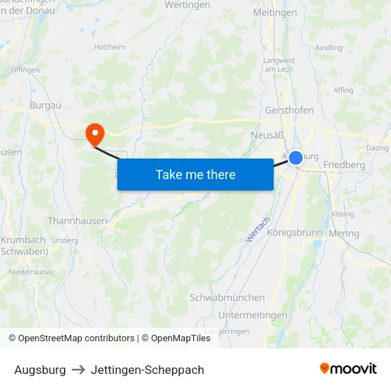 Augsburg to Jettingen-Scheppach map