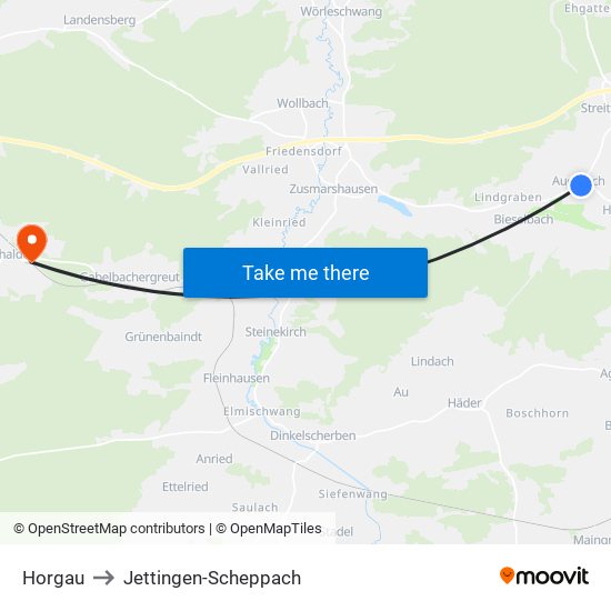 Horgau to Jettingen-Scheppach map