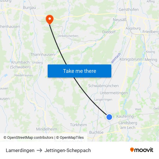 Lamerdingen to Jettingen-Scheppach map