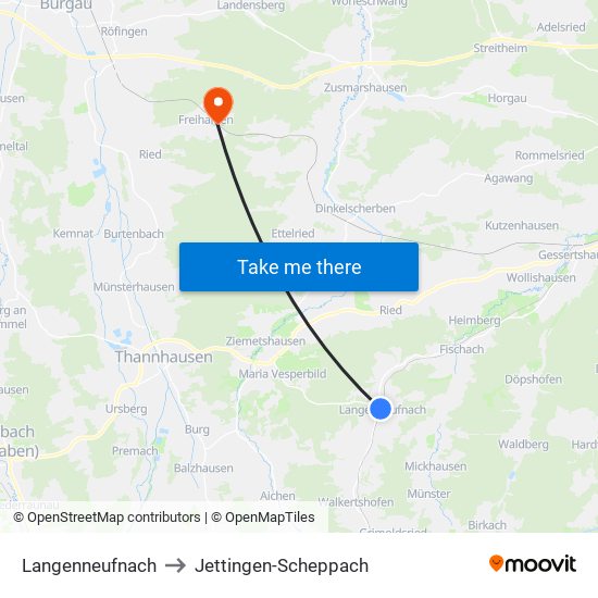 Langenneufnach to Jettingen-Scheppach map