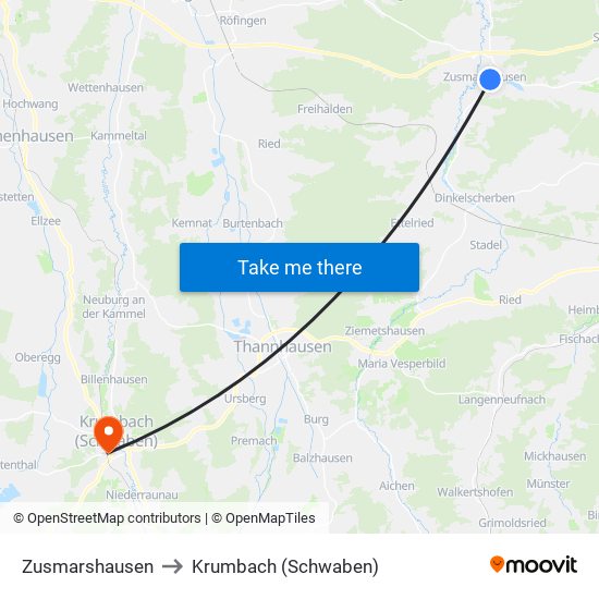 Zusmarshausen to Krumbach (Schwaben) map