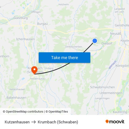 Kutzenhausen to Krumbach (Schwaben) map