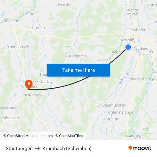 Stadtbergen to Krumbach (Schwaben) map