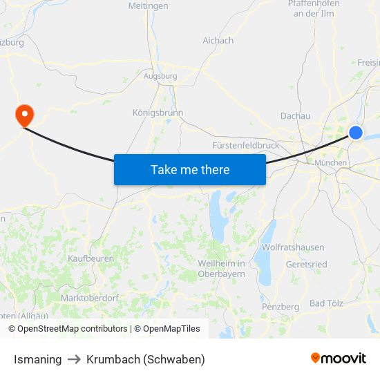 Ismaning to Krumbach (Schwaben) map