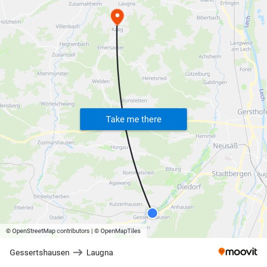 Gessertshausen to Laugna map