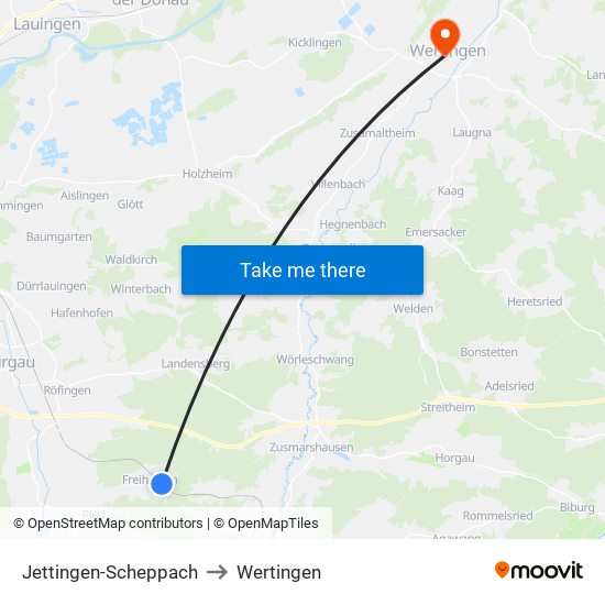 Jettingen-Scheppach to Wertingen map