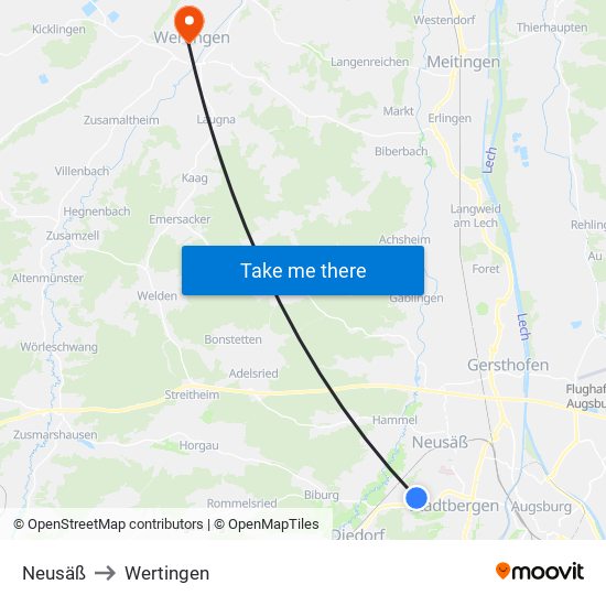 Neusäß to Wertingen map