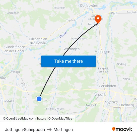 Jettingen-Scheppach to Mertingen map