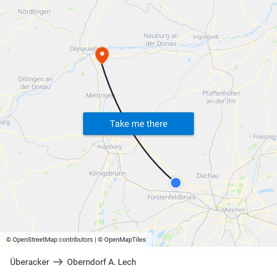 Überacker to Oberndorf A. Lech map