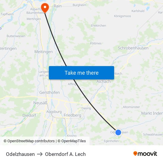 Odelzhausen to Oberndorf A. Lech map