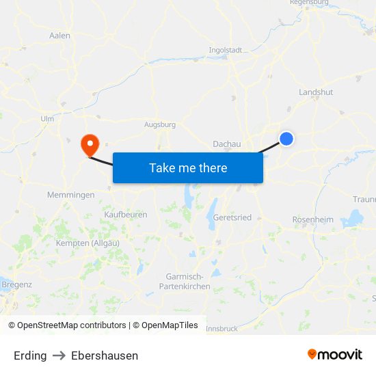 Erding to Ebershausen map