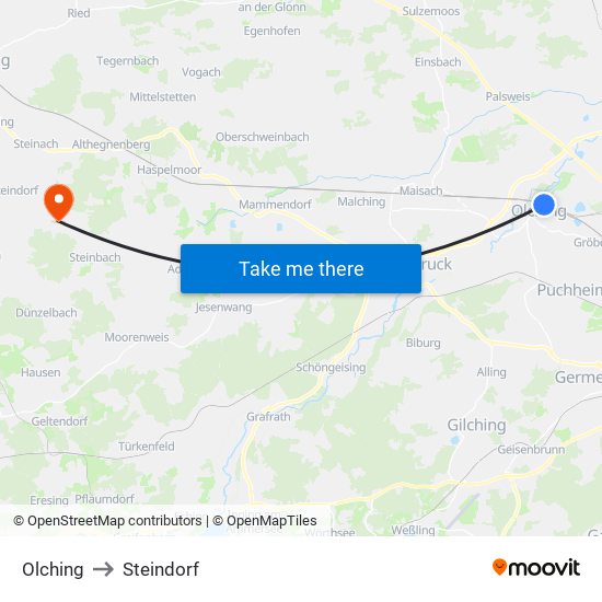Olching to Steindorf map