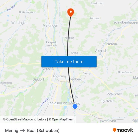 Mering to Baar (Schwaben) map