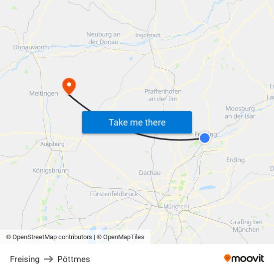 Freising to Pöttmes map