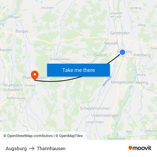 Augsburg to Thannhausen map