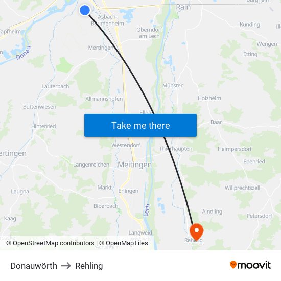 Donauwörth to Rehling map