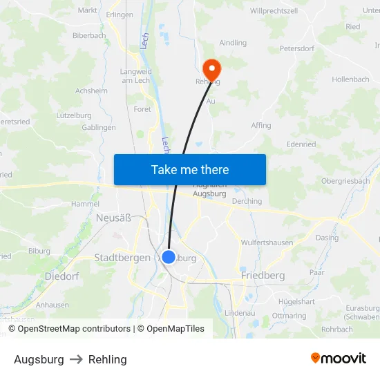 Augsburg to Rehling map
