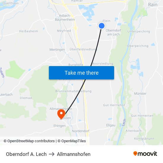 Oberndorf A. Lech to Allmannshofen map