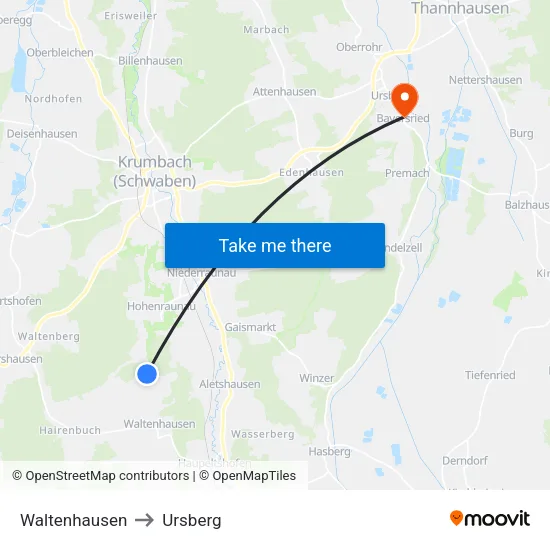 Waltenhausen to Ursberg map