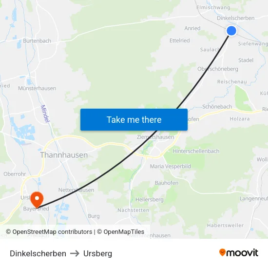 Dinkelscherben to Ursberg map