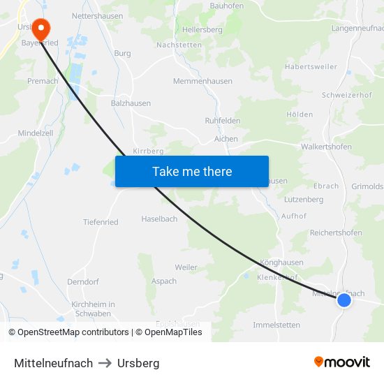 Mittelneufnach to Ursberg map