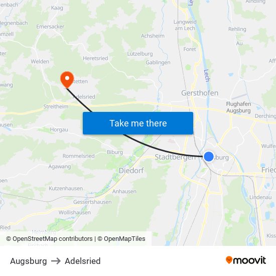 Augsburg to Adelsried map