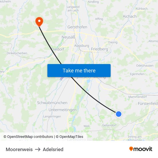 Moorenweis to Adelsried map