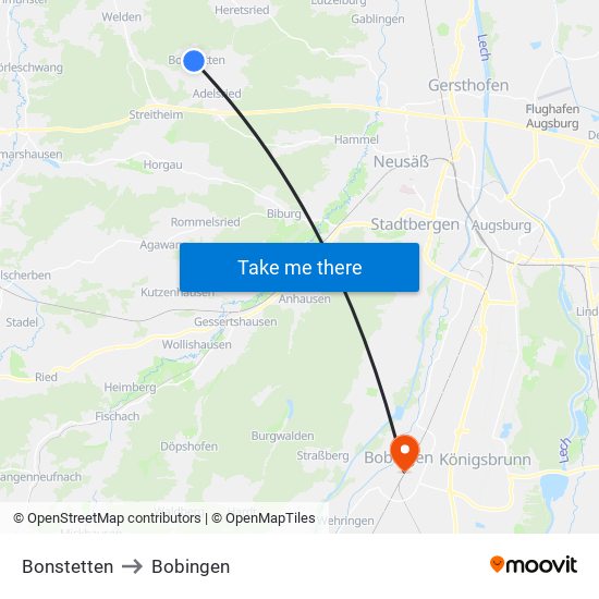 Bonstetten to Bobingen map