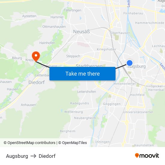 Augsburg to Diedorf map