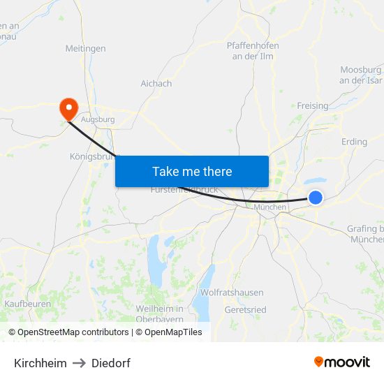 Kirchheim to Diedorf map