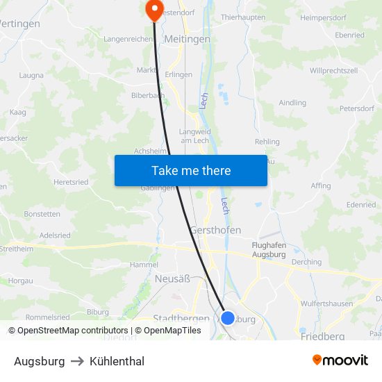 Augsburg to Kühlenthal map