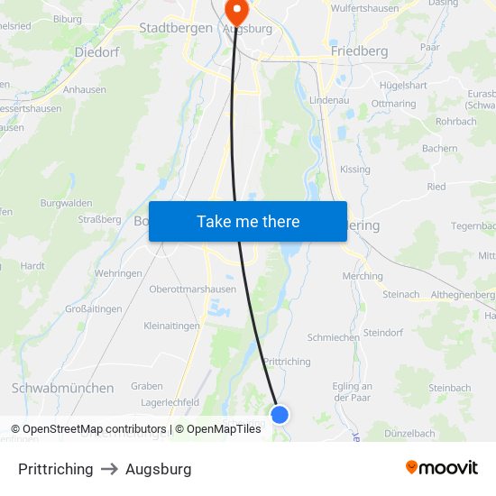 Prittriching to Augsburg map
